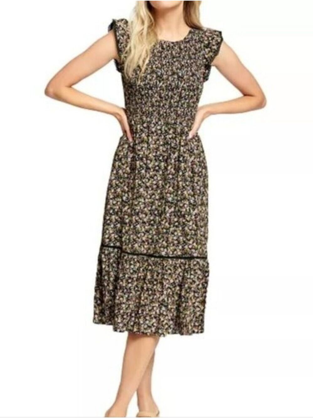 LOST + WANDER FLORAL PRINTED FLUTTER SLEEVE MIDI DRESS EMBROIDERED TRIM XS